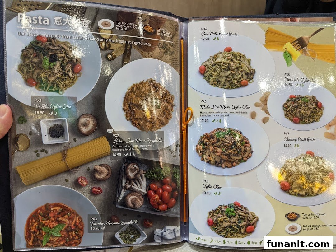 A vibrant menu page showcasing a variety of pasta dishes with descriptions, prices, and dietary information.