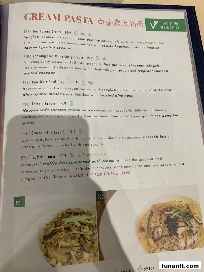 A menu page displaying a variety of cream pasta dishes with descriptions, prices, and dietary tags.