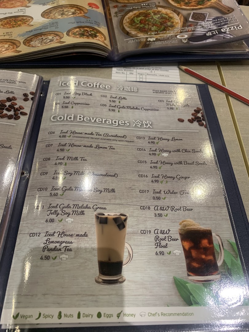 A detailed menu page displaying iced coffee and cold beverage options with prices and descriptions.