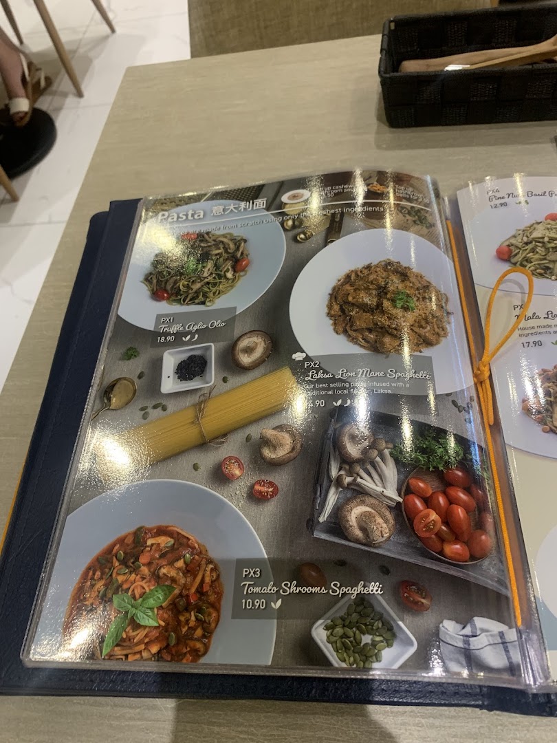 A menu page displaying various pasta dishes with their names, prices, and appetizing images.