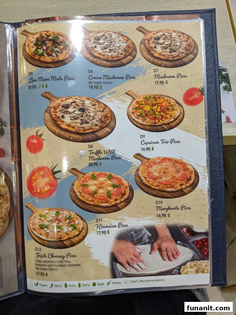 A vibrant menu page showcasing a variety of delicious vegetarian and vegan pizza options with prices.