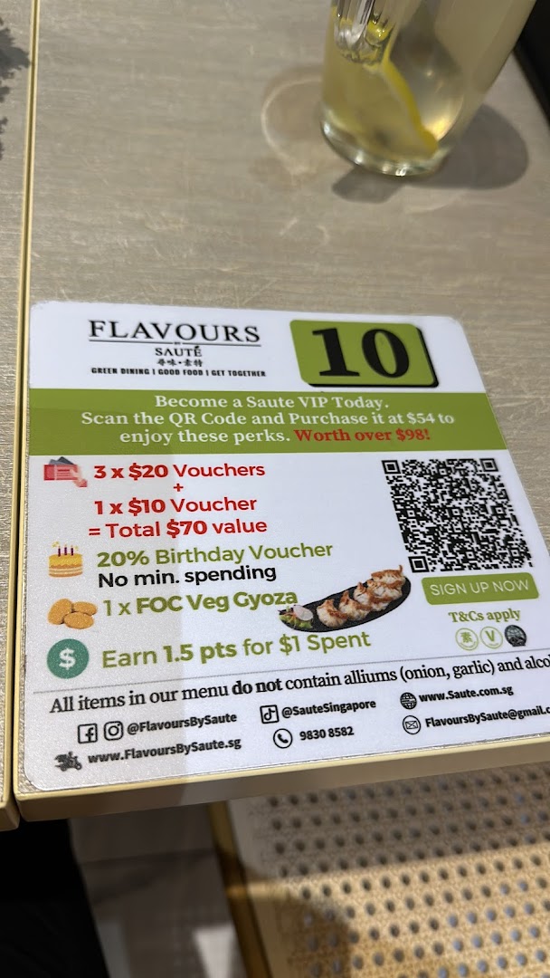 A promotional card for Flavours by Saute's VIP program, detailing membership benefits and contact information.