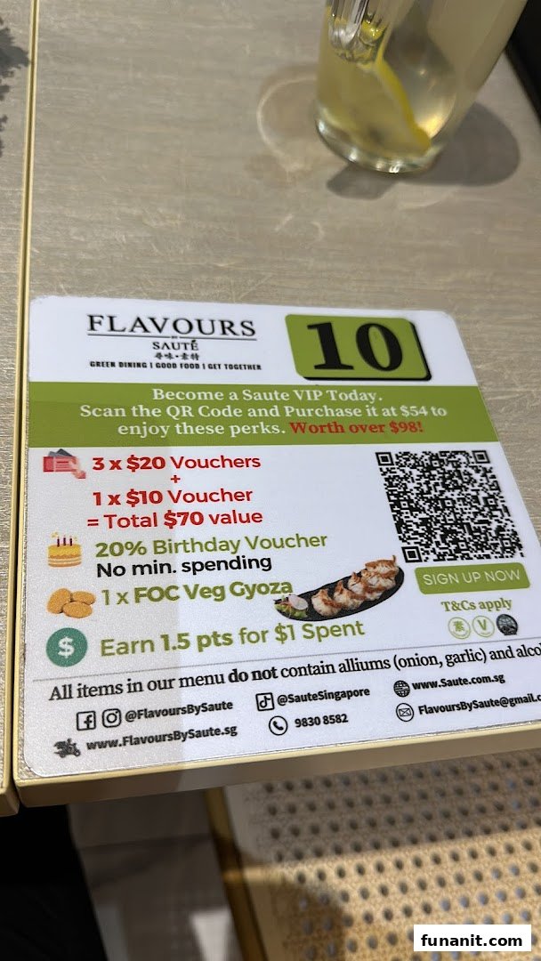 A promotional card for Flavours by Saute's VIP program, detailing membership benefits and contact information.