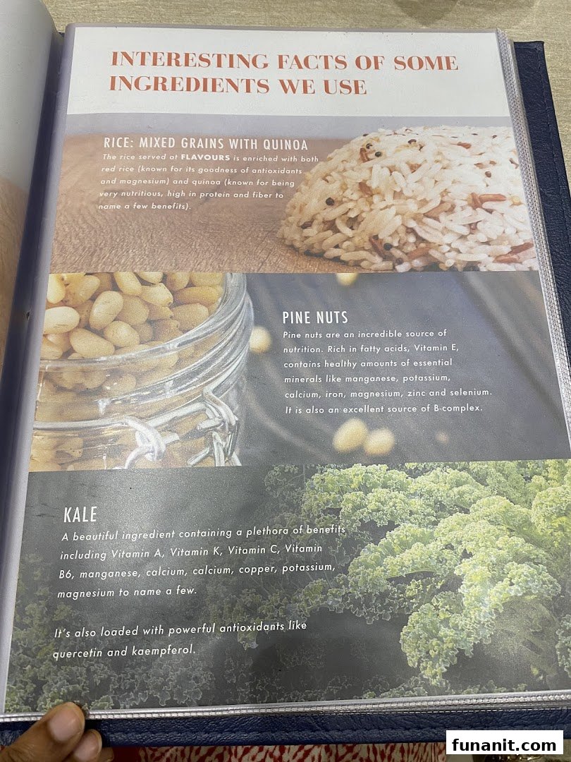A page from a booklet highlighting the health benefits of ingredients like mixed grains with quinoa, pine nuts, and kale.