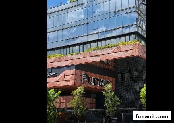 The modern exterior of Funan mall, featuring glass facades, green roofs, and distinctive brickwork.