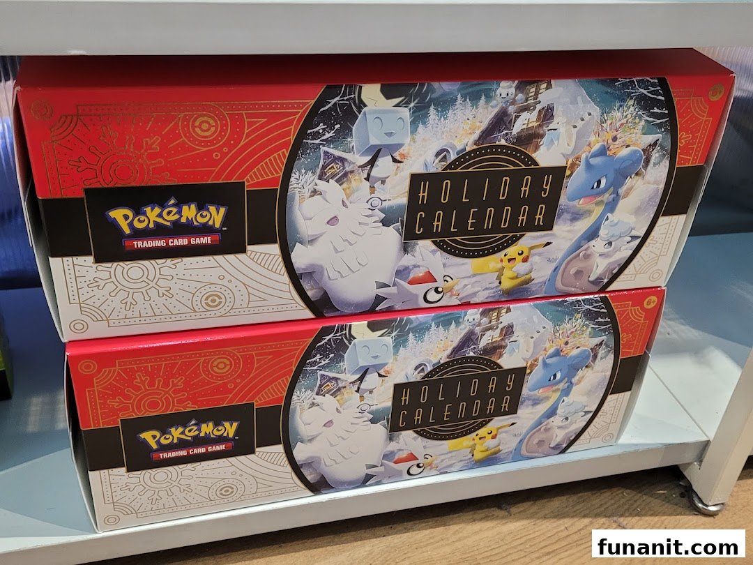 Two Pokémon Trading Card Game Holiday Calendars are displayed on a shelf, featuring festive Pokémon characters.