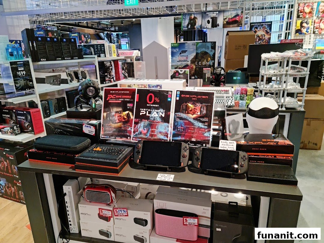 A vibrant display of gaming consoles, accessories, and electronics inside the GameMartz store.