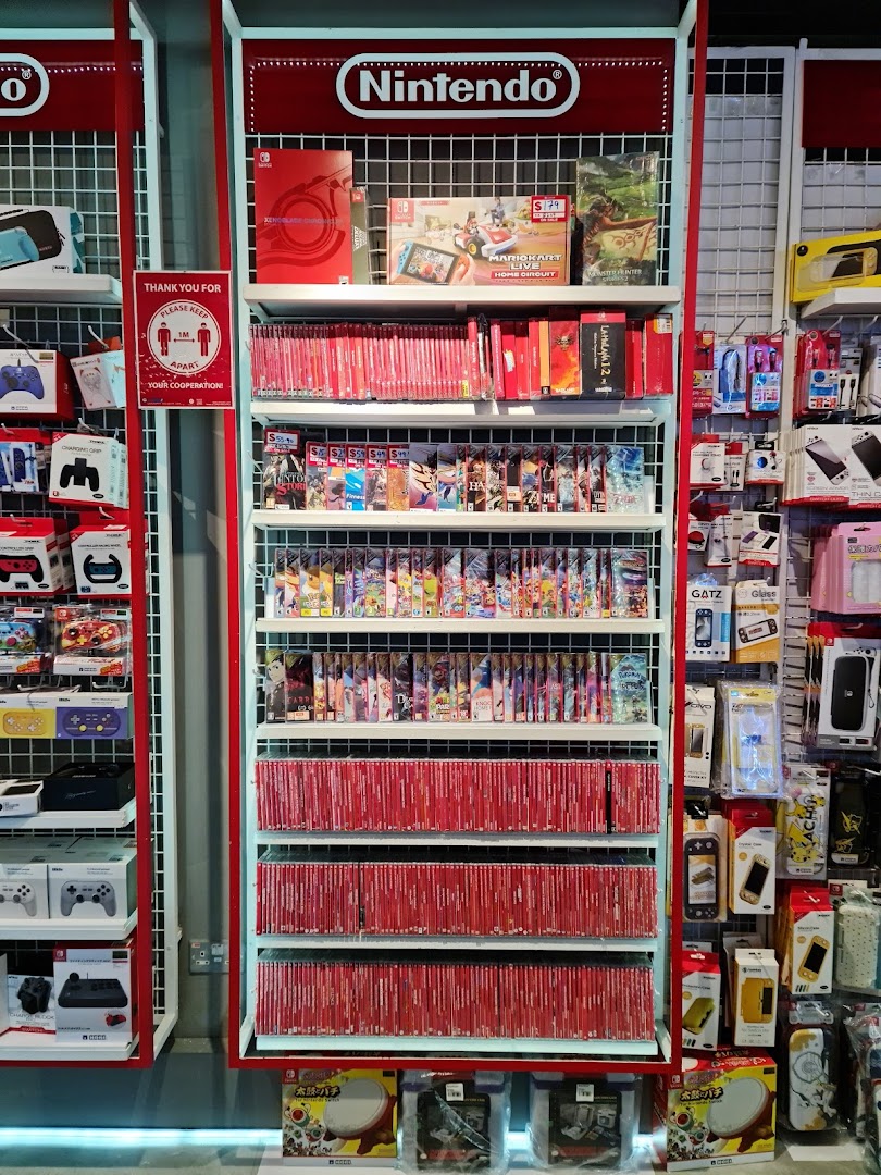 A vibrant display of Nintendo Switch games, consoles, and accessories at GameMartz Funan Mall.