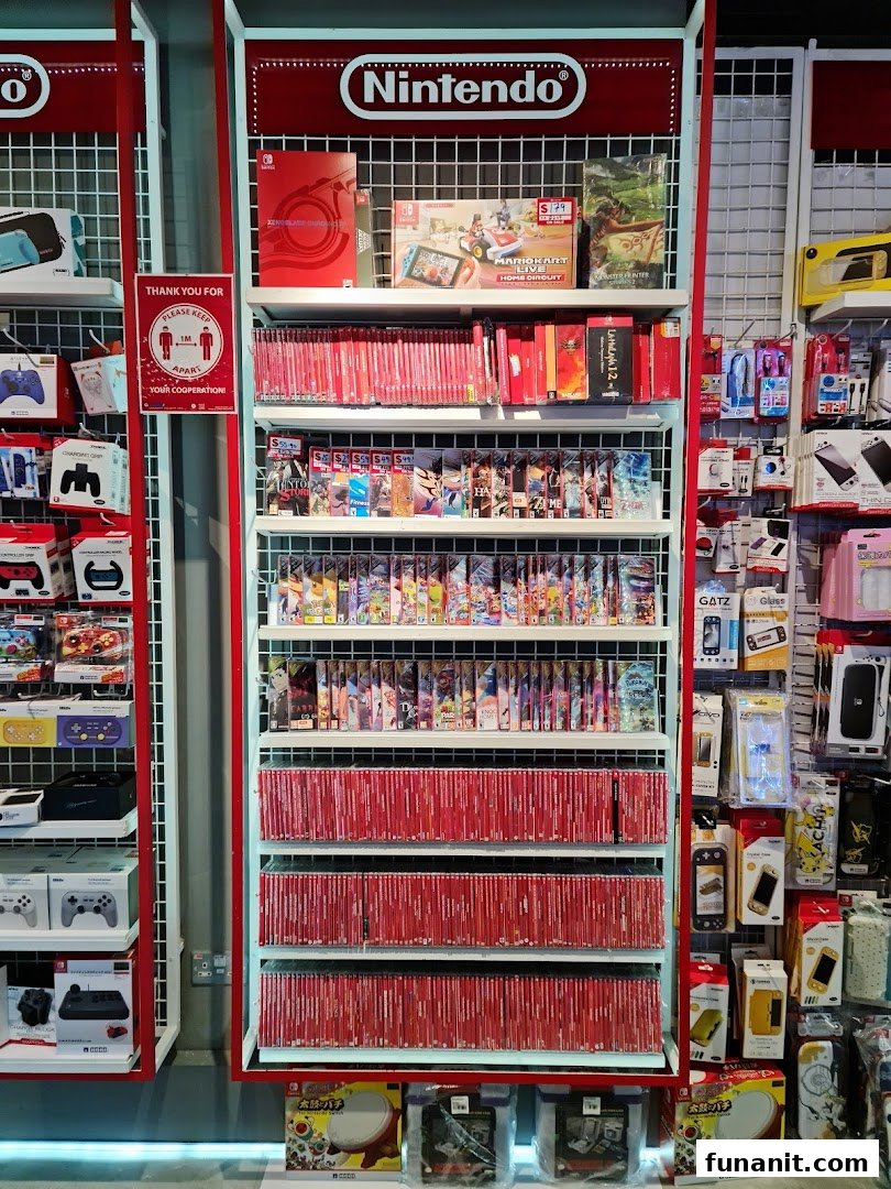 A vibrant display of Nintendo Switch games, consoles, and accessories at GameMartz Funan Mall.