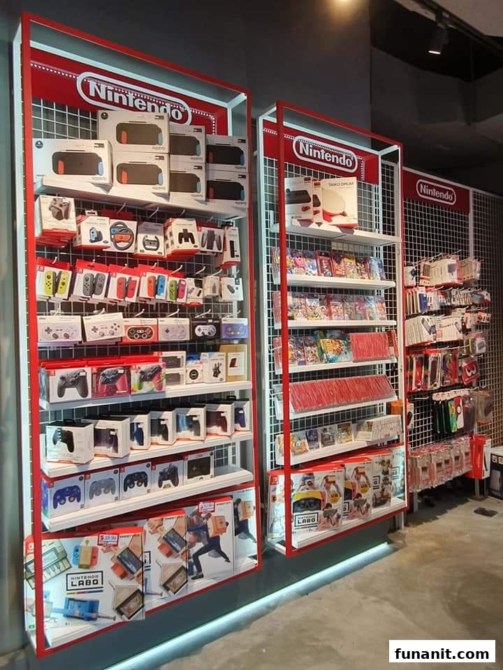 Shelves filled with Nintendo Switch consoles, games, and accessories at GameMartz.