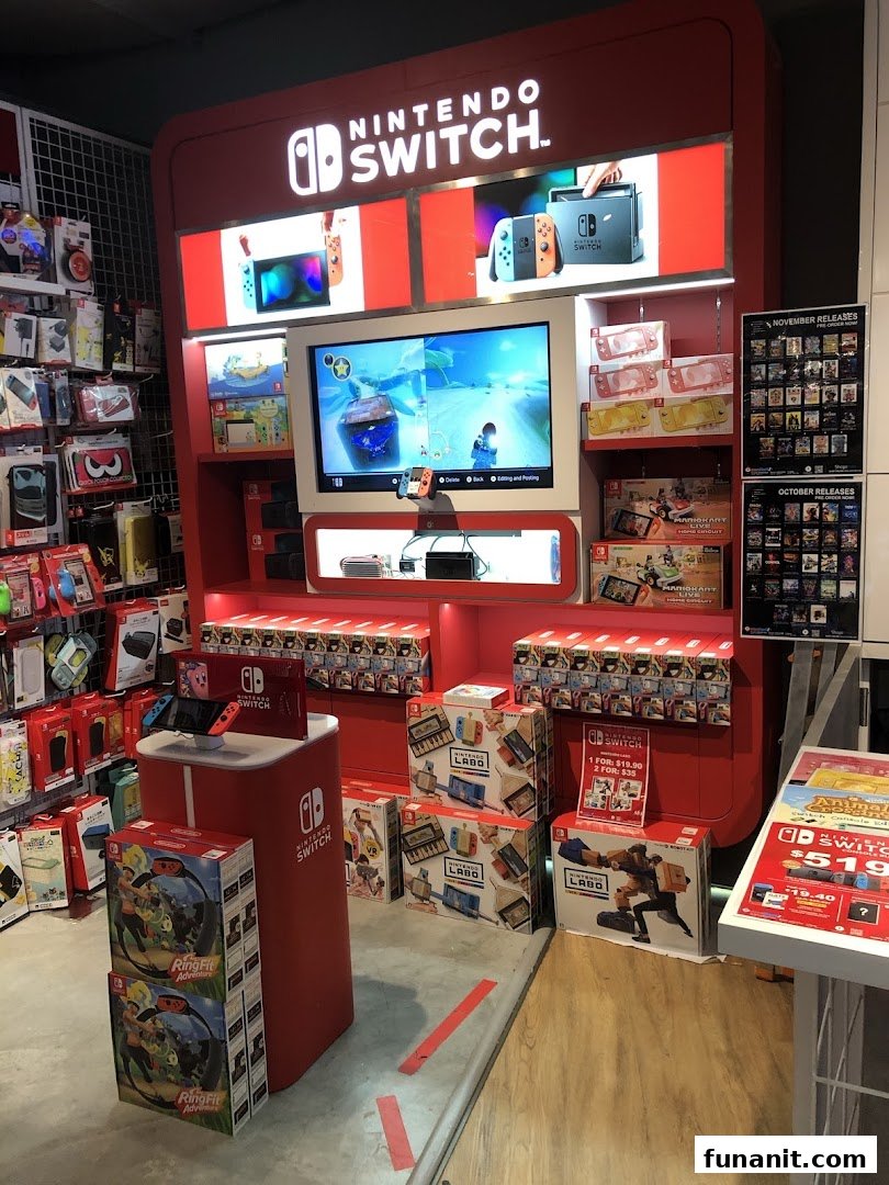 A vibrant Nintendo Switch display featuring consoles, games, and accessories within a retail store.