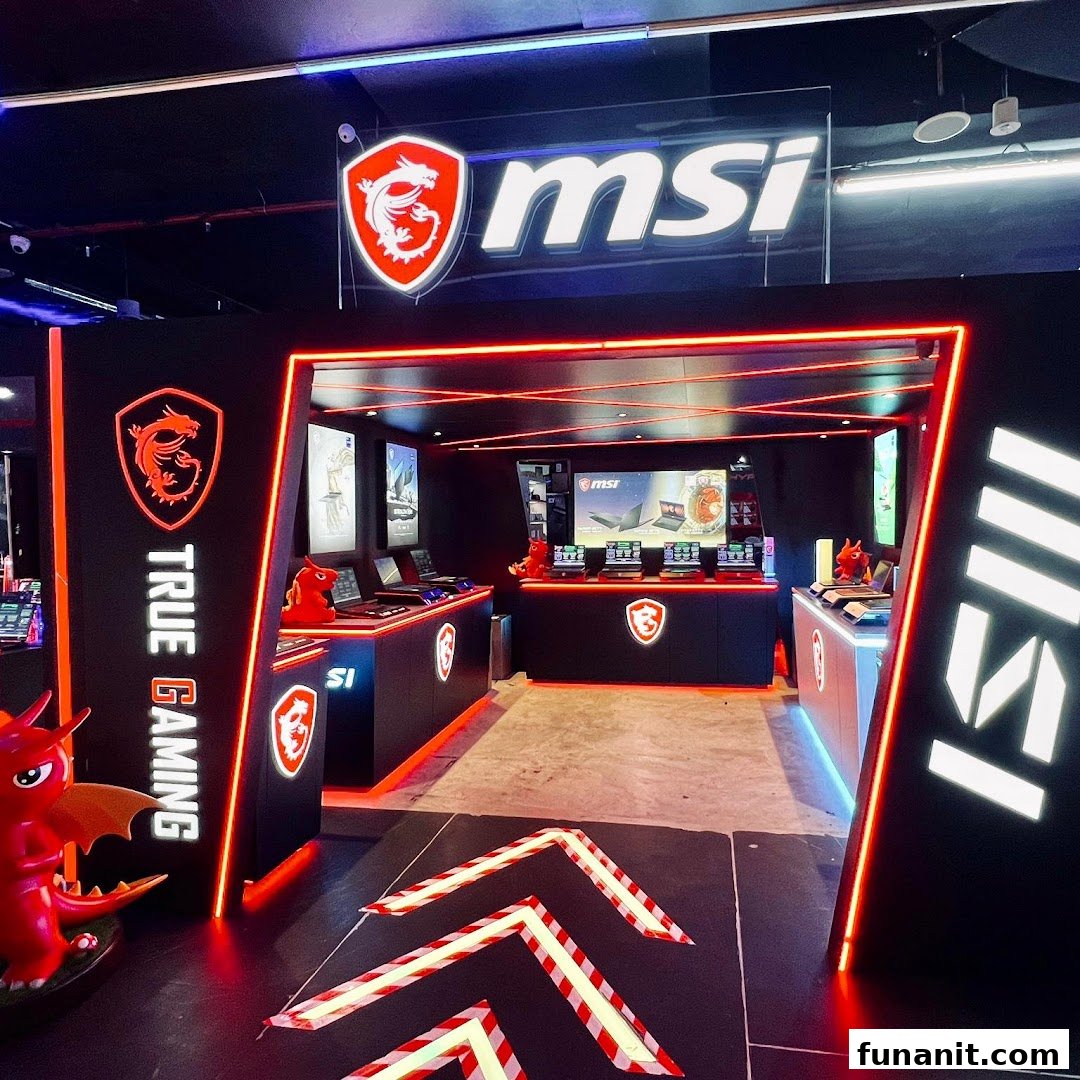 An immersive MSI gaming product display area featuring laptops, accessories, and vibrant neon lighting.
