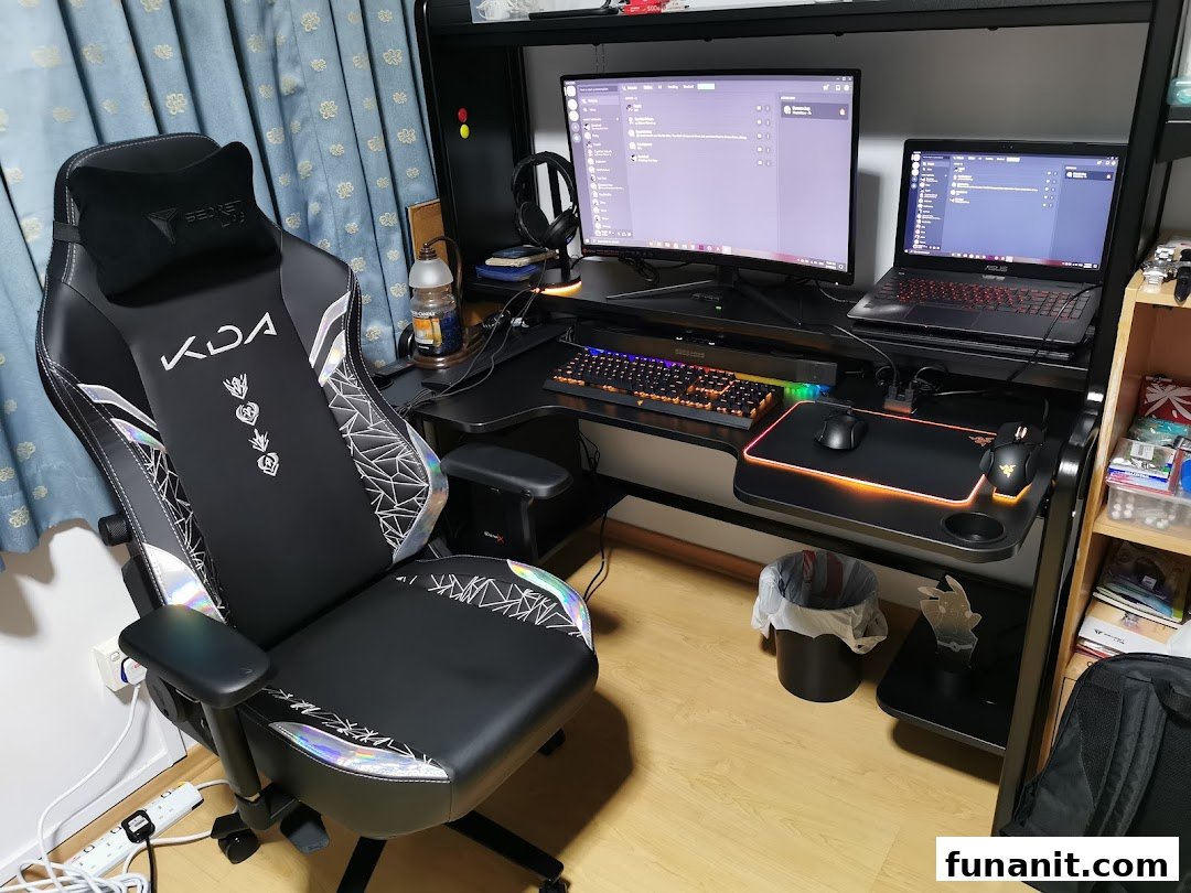 A high-performance gaming chair and a complete gaming setup with monitor, laptop, and peripherals.