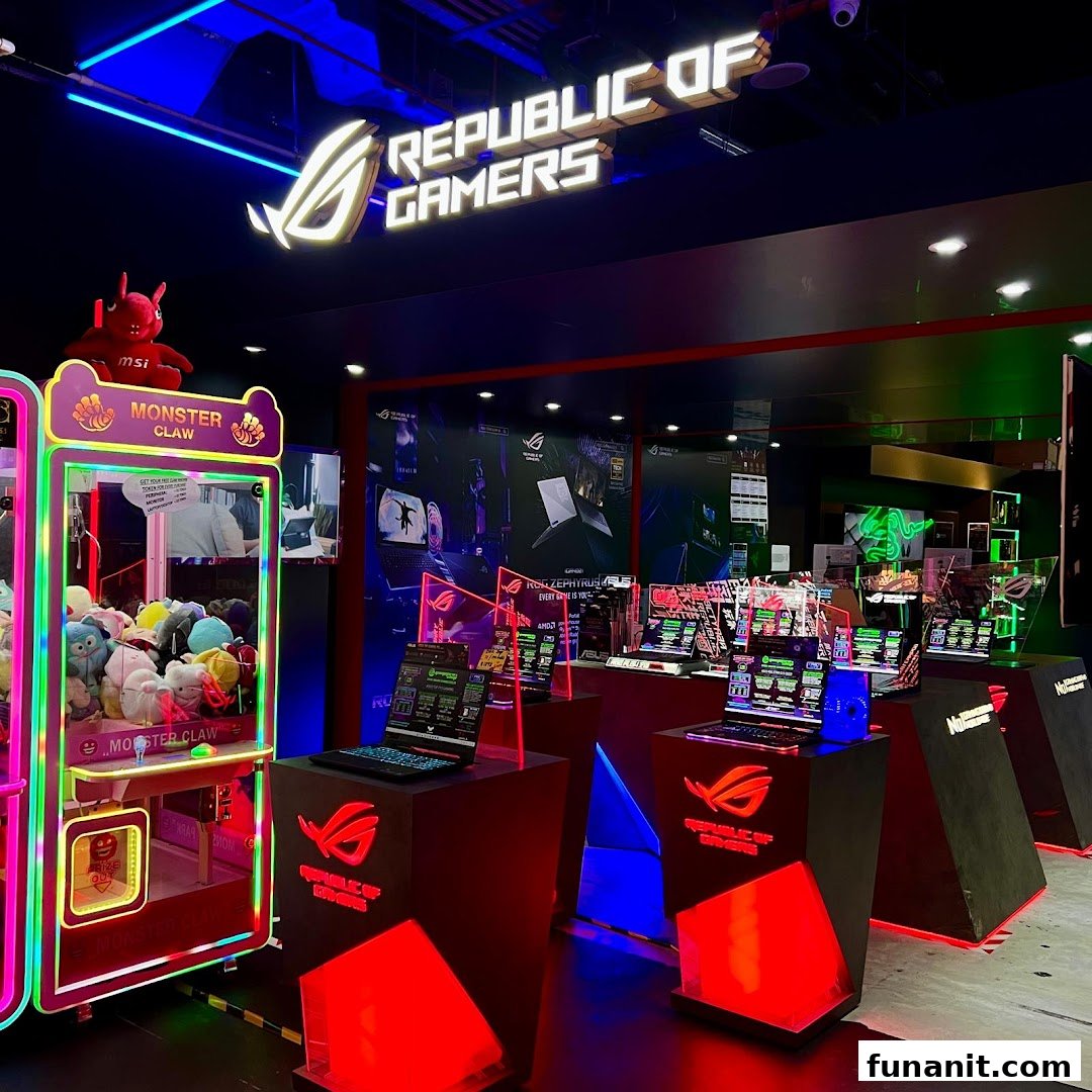 Interior view of a gaming shop featuring Republic of Gamers products and a Monster Claw machine.