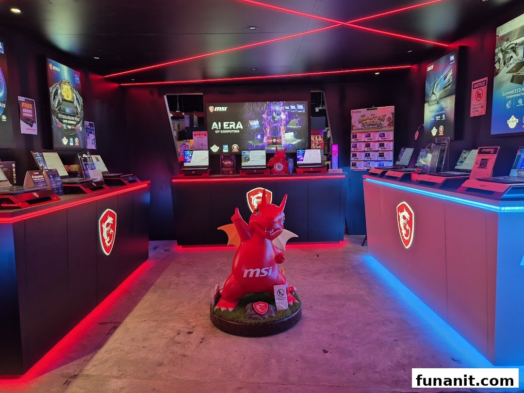 Interior of GAMEPROSG, a vibrant tech shop featuring MSI gaming laptops and a prominent dragon mascot.