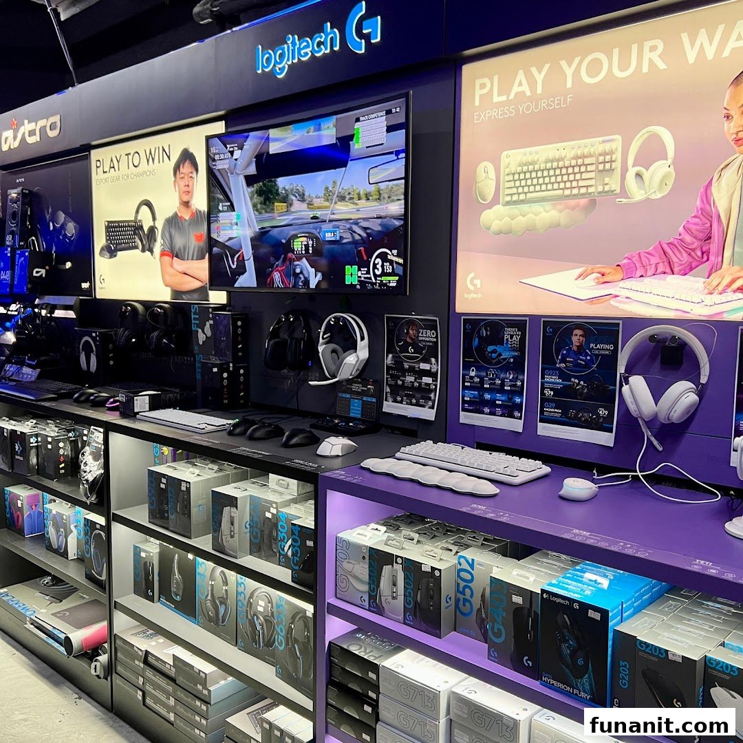 Interior view of a gaming peripherals store showcasing Logitech G products and interactive displays.