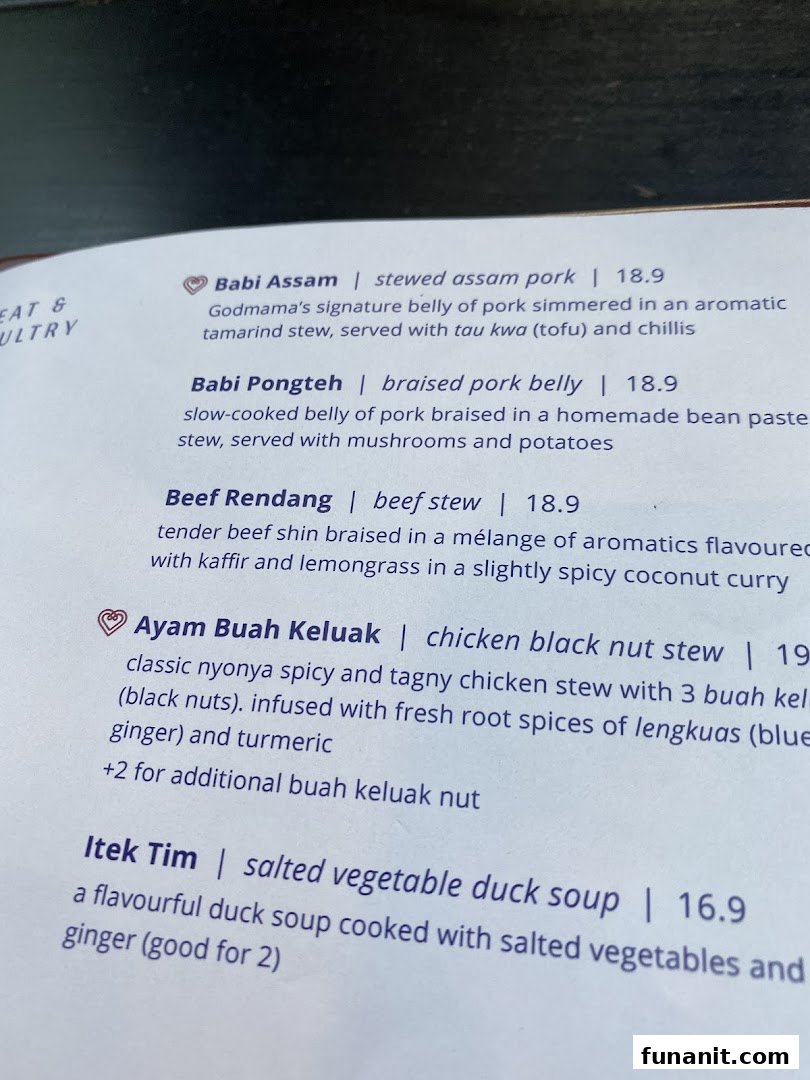 A close-up view of a menu page featuring traditional Peranakan main courses and their descriptions.