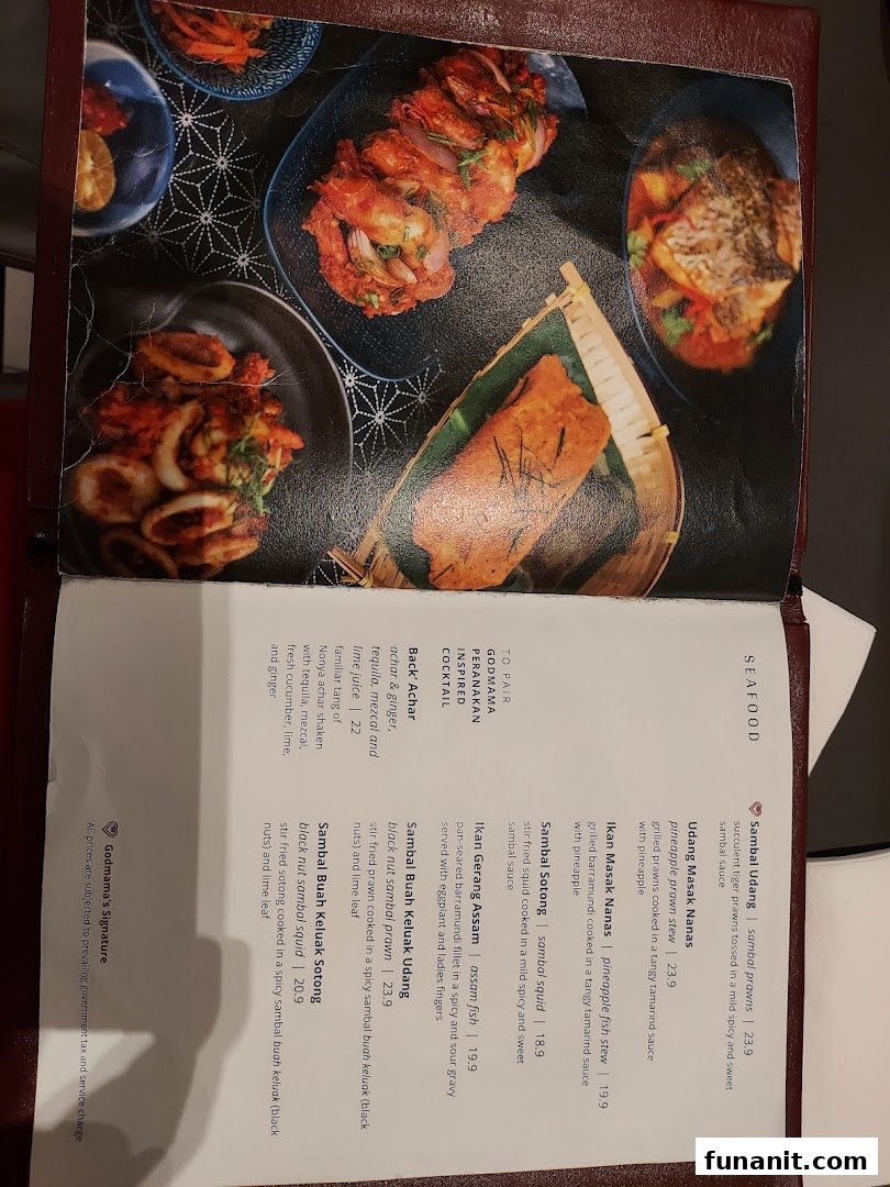 A menu page displaying various Peranakan seafood dishes and a signature cocktail with prices.
