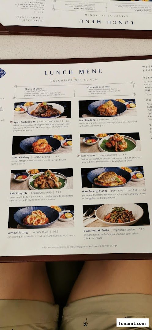 A detailed view of Godmama's Executive Set Lunch menu featuring various Peranakan dishes.
