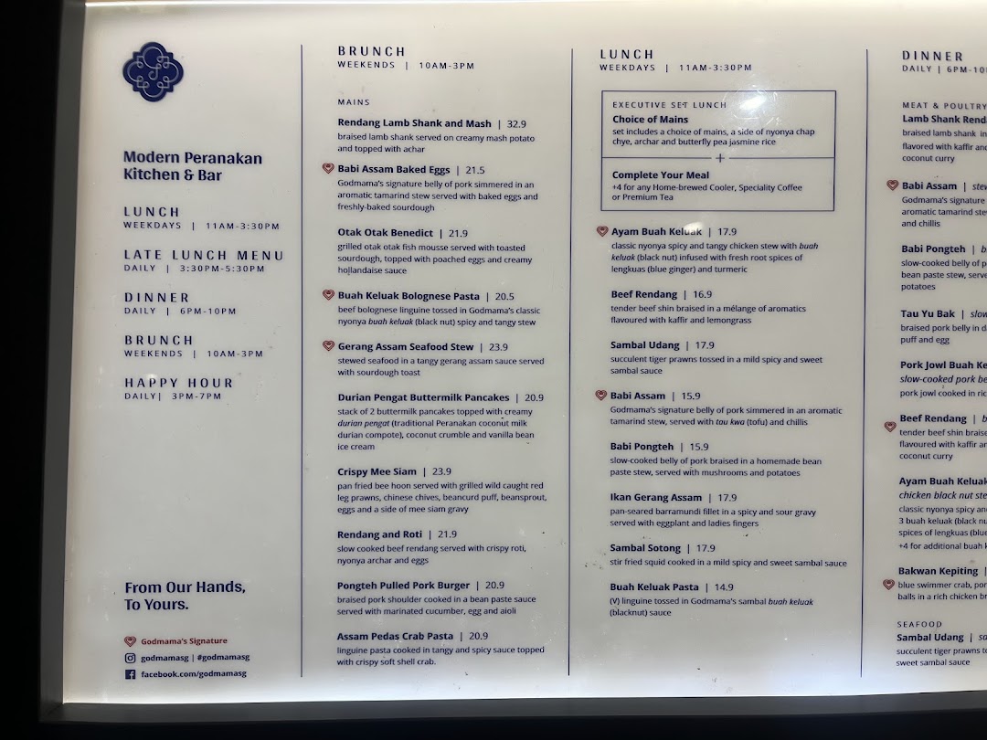 A detailed menu from Godmama, showcasing Modern Peranakan cuisine with various meal periods and dishes.