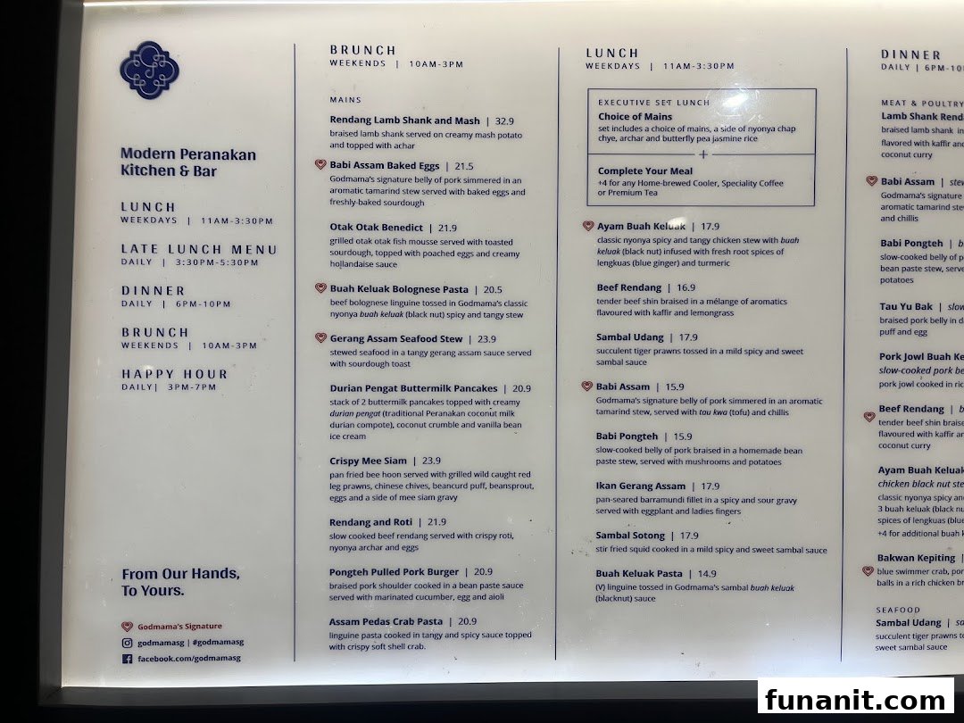 A detailed menu from Godmama, showcasing Modern Peranakan cuisine with various meal periods and dishes.