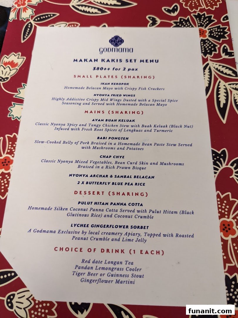 A detailed menu for Godmama's Makan Kakis Set Menu, featuring Peranakan dishes and drinks.