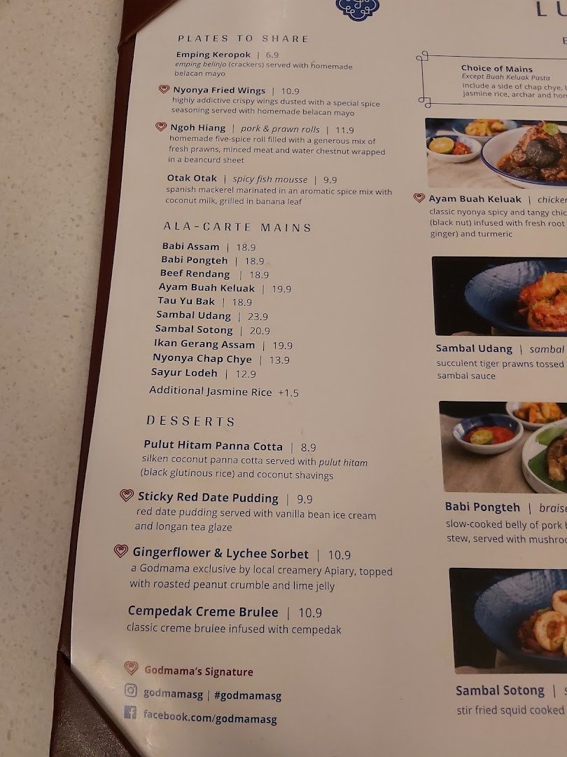 A detailed menu from Godmama restaurant, showcasing Peranakan dishes, desserts, and pricing.