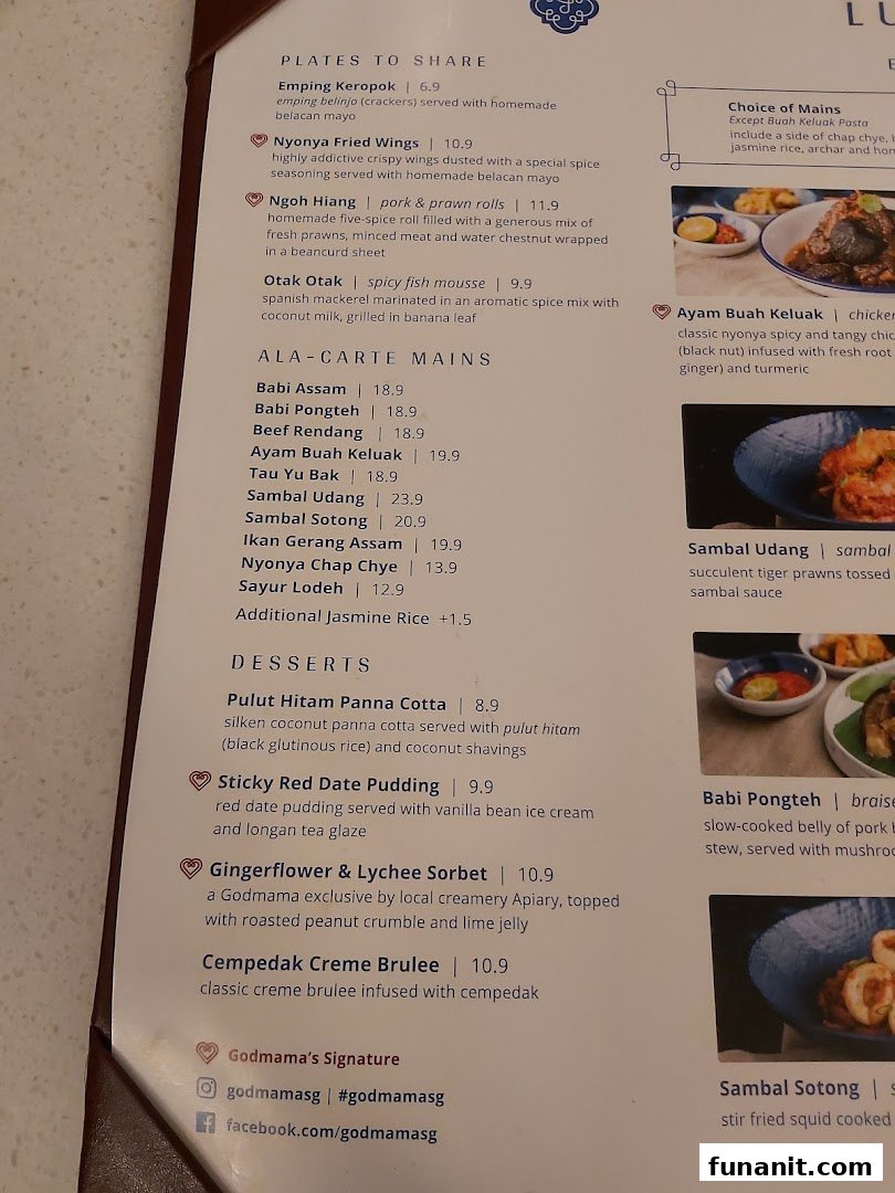 A detailed menu from Godmama restaurant, showcasing Peranakan dishes, desserts, and pricing.