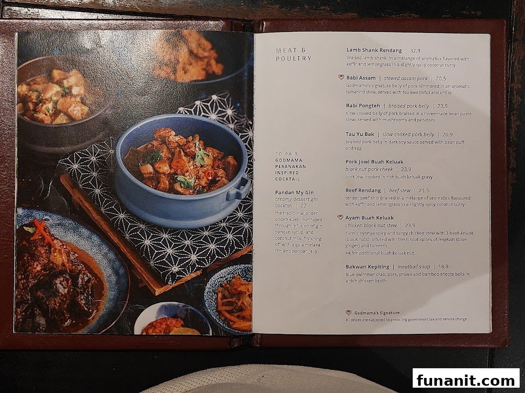 A detailed view of Godmama's menu, showcasing Peranakan meat, poultry, and cocktail dishes with descriptions and prices.