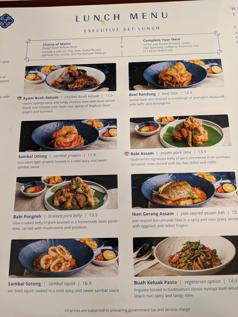 A detailed menu displaying executive set lunch options with Nyonya dishes and prices.