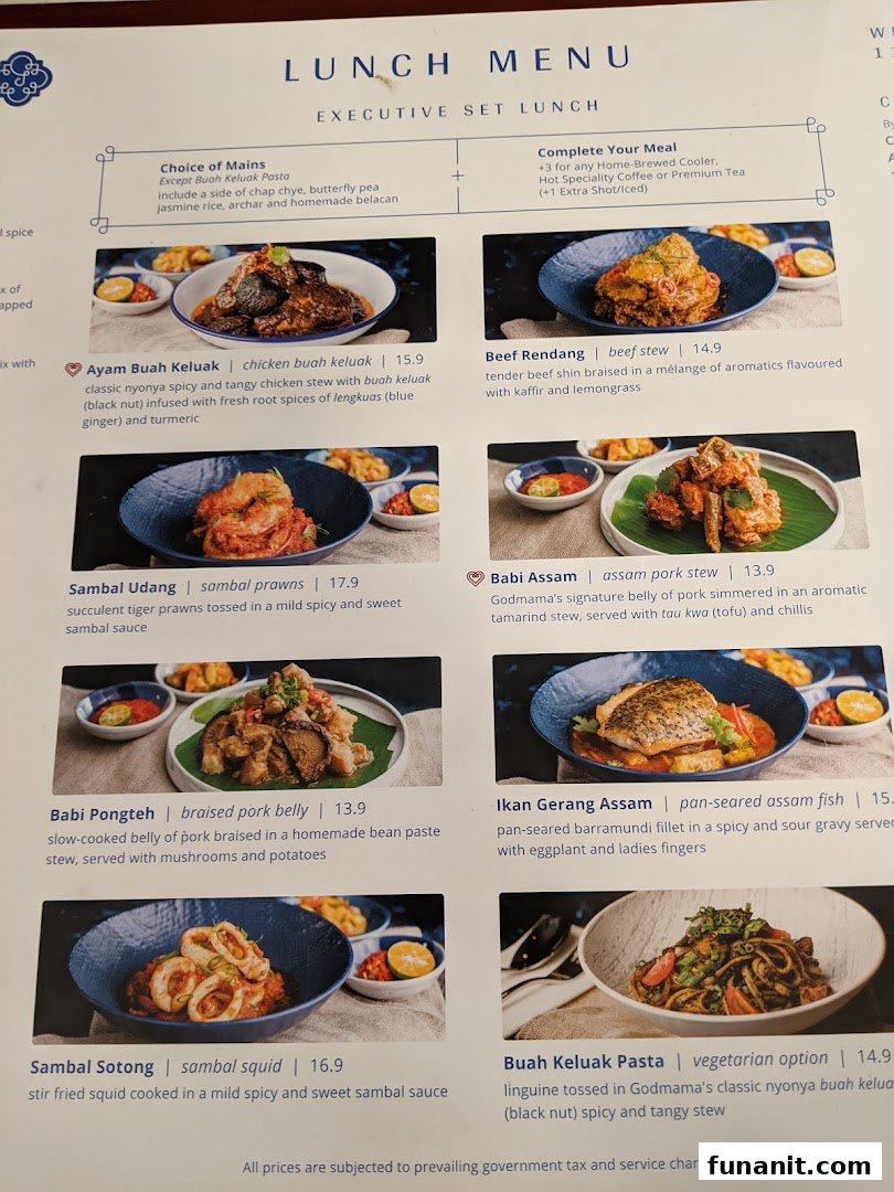 A detailed menu displaying executive set lunch options with Nyonya dishes and prices.