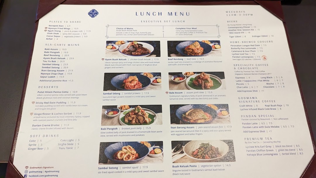 A detailed lunch menu from Godmama restaurant, showcasing Peranakan dishes, desserts, and beverages.