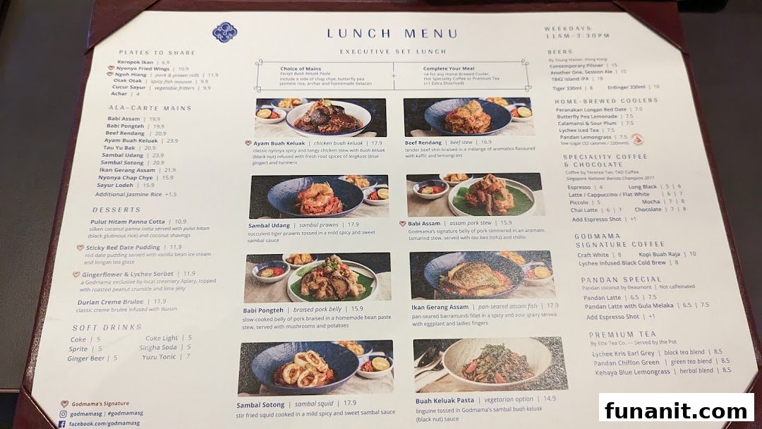A detailed lunch menu from Godmama restaurant, showcasing Peranakan dishes, desserts, and beverages.