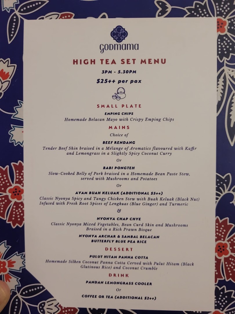 A detailed menu for Godmama's High Tea Set, featuring Peranakan dishes and pricing.