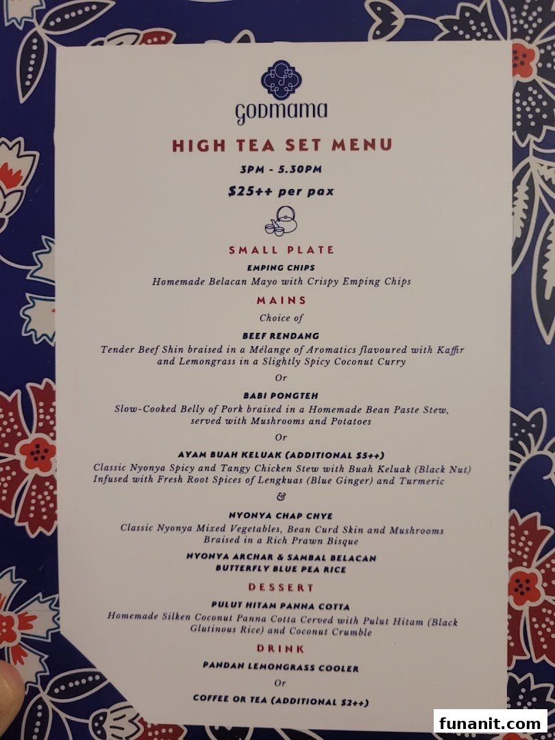 A detailed menu for Godmama's High Tea Set, featuring Peranakan dishes and pricing.