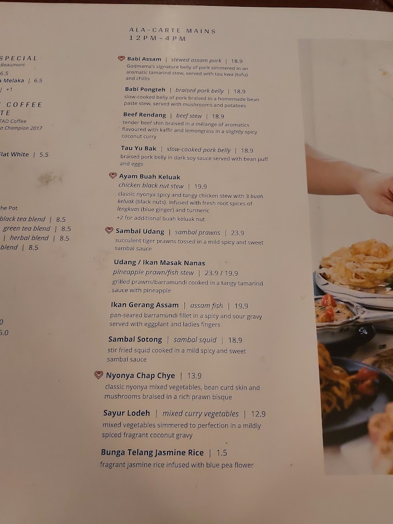 A detailed menu page showcasing Peranakan main courses and beverages with prices and descriptions.