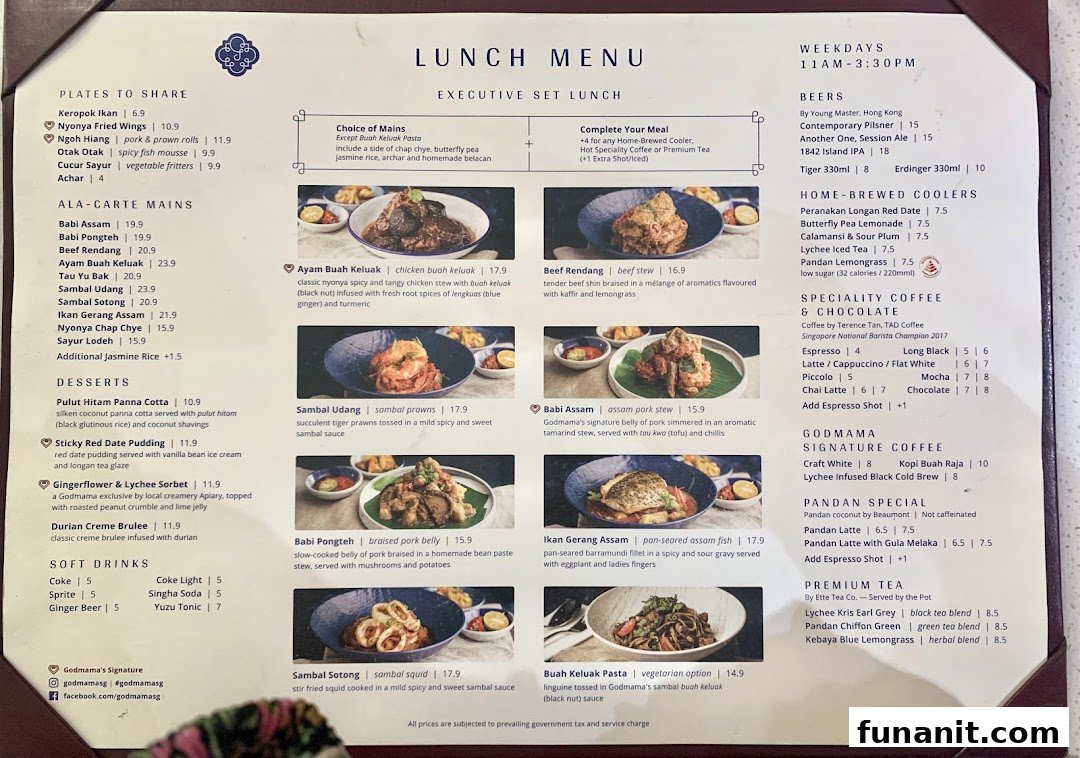 A detailed menu from Godmama, showcasing their Modern Peranakan lunch offerings, drinks, and desserts.