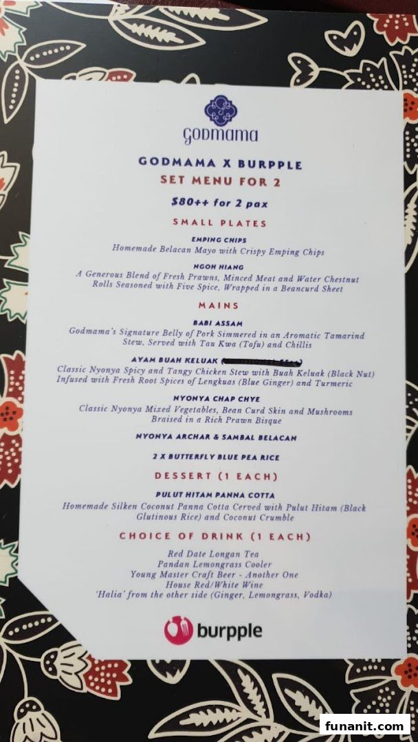 A detailed view of Godmama's special set menu for two, featuring authentic Peranakan dishes.