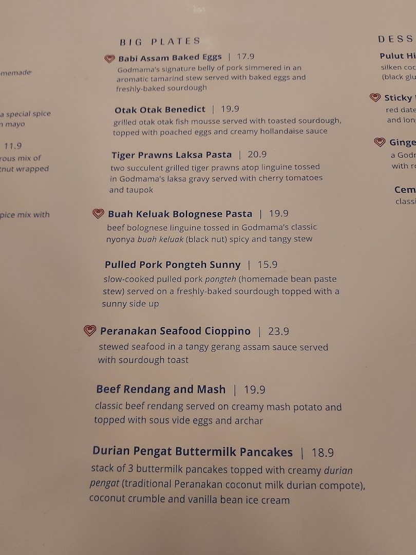 A close-up view of Godmama's menu, showcasing their 'BIG PLATES' and partially visible 'DESSERTS' sections.
