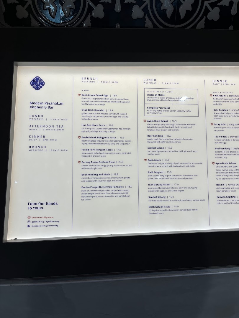 A brightly lit display board showcasing the menu and operating hours of a Modern Peranakan restaurant.