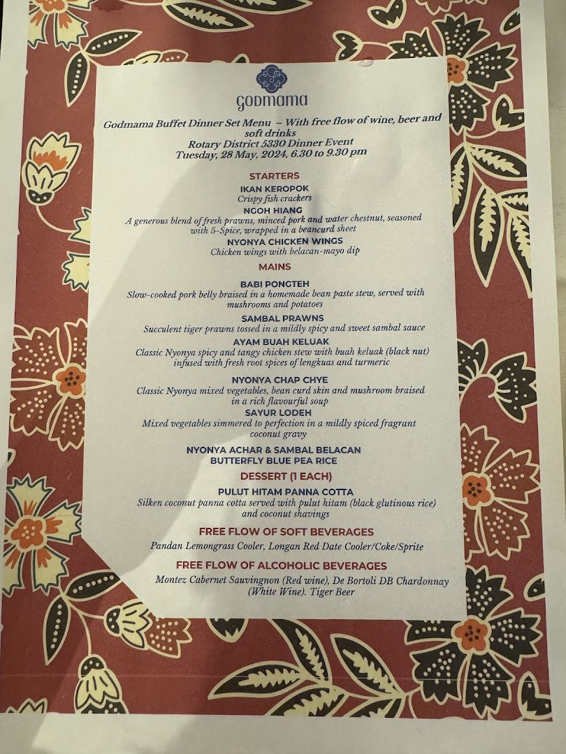 A detailed menu for Godmama's Buffet Dinner Set, featuring Peranakan dishes and free-flow beverages.