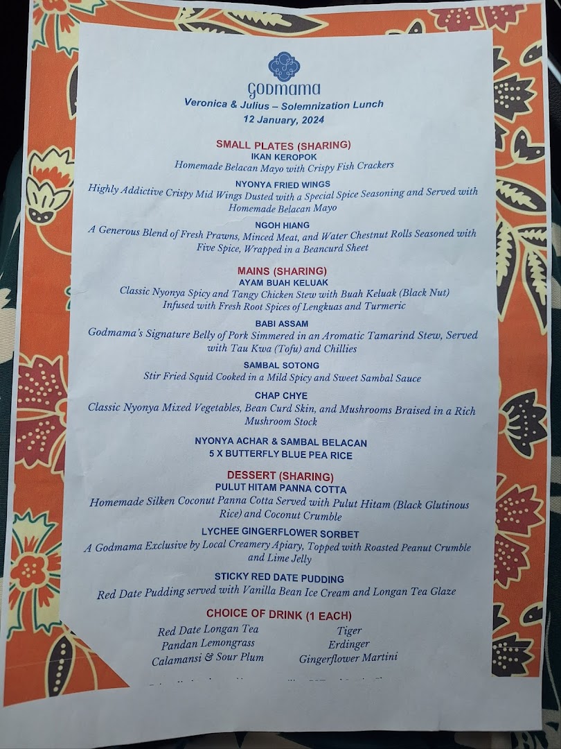 A detailed menu from Godmama restaurant, featuring Peranakan dishes for a solemnization lunch.