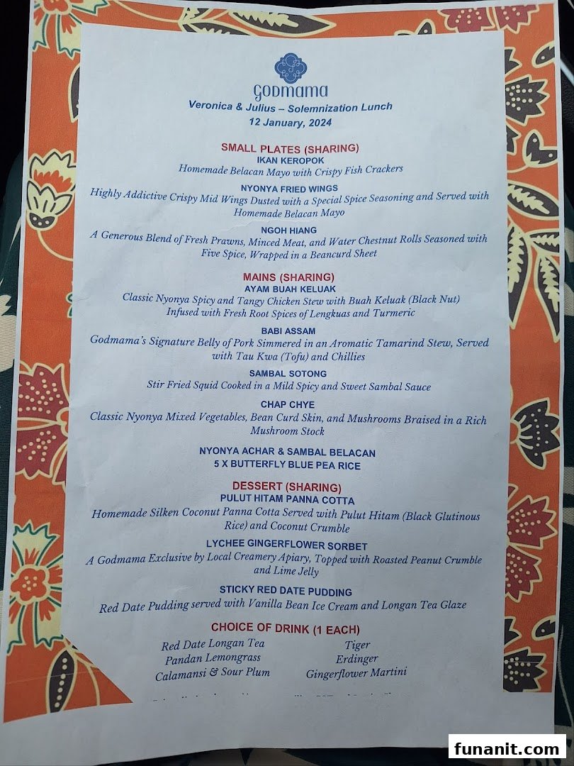 A detailed menu from Godmama restaurant, featuring Peranakan dishes for a solemnization lunch.