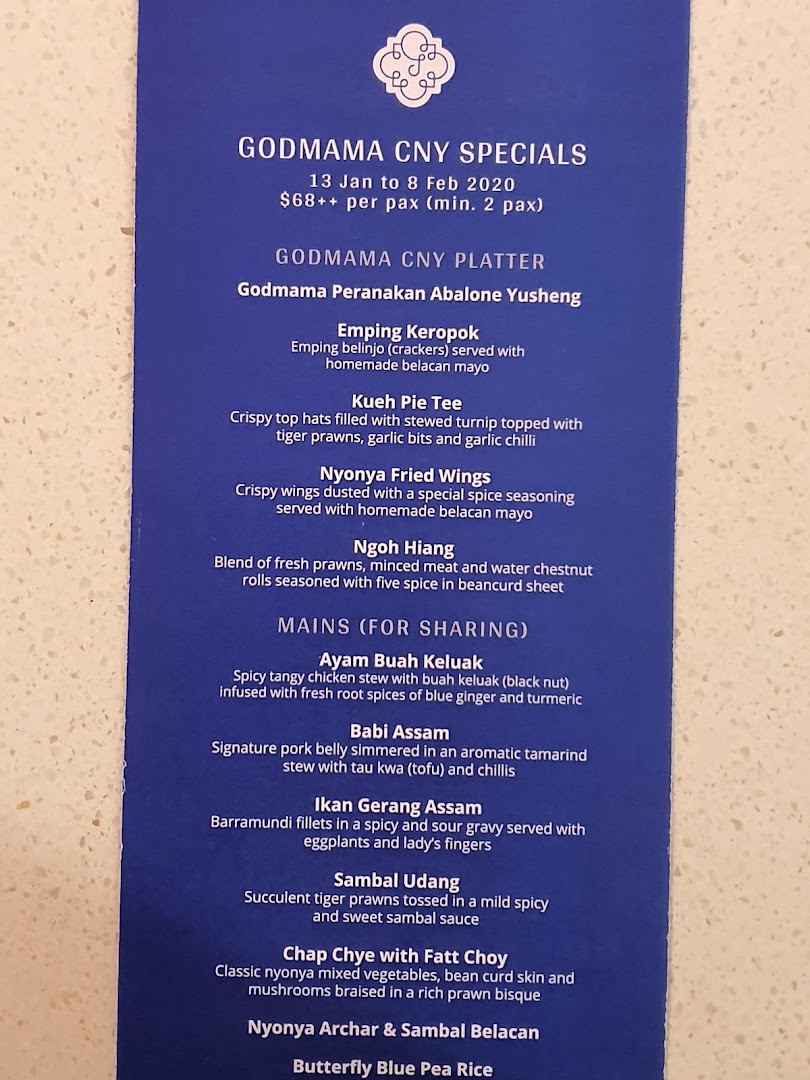A menu displaying Godmama's Chinese New Year specials and Peranakan dishes.