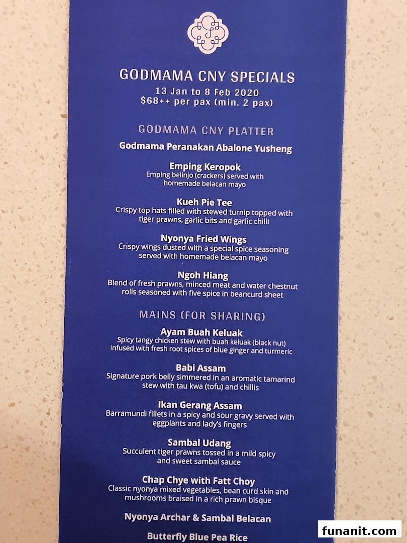 A menu displaying Godmama's Chinese New Year specials and Peranakan dishes.