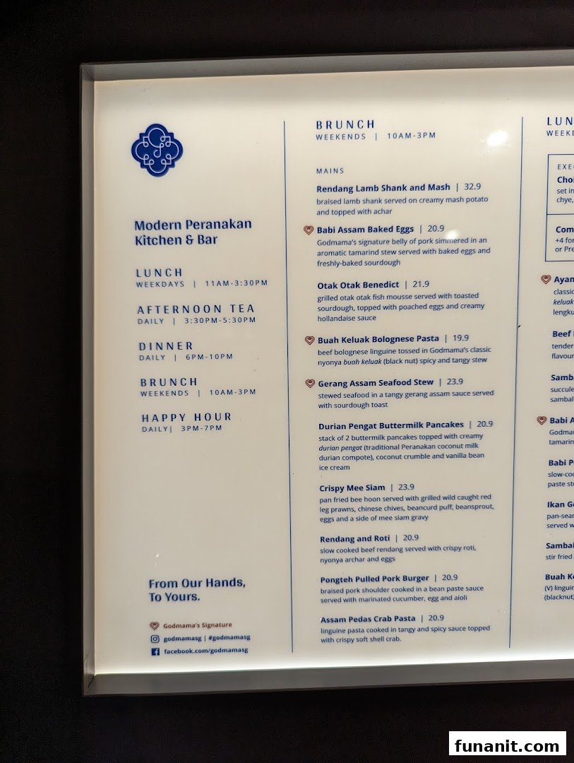 A detailed menu board displaying brunch, lunch, afternoon tea, and dinner offerings with prices.