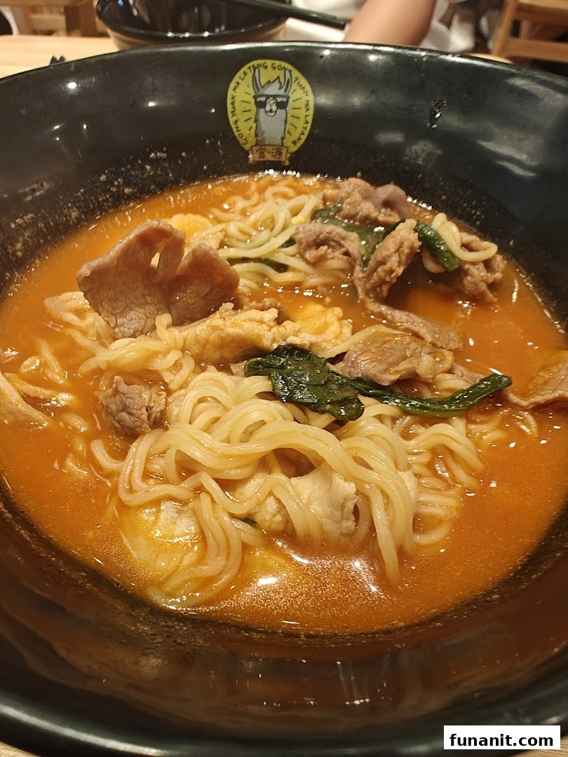 A close-up of a delicious bowl of Ma La Tang noodles with meat and vegetables in a rich broth.