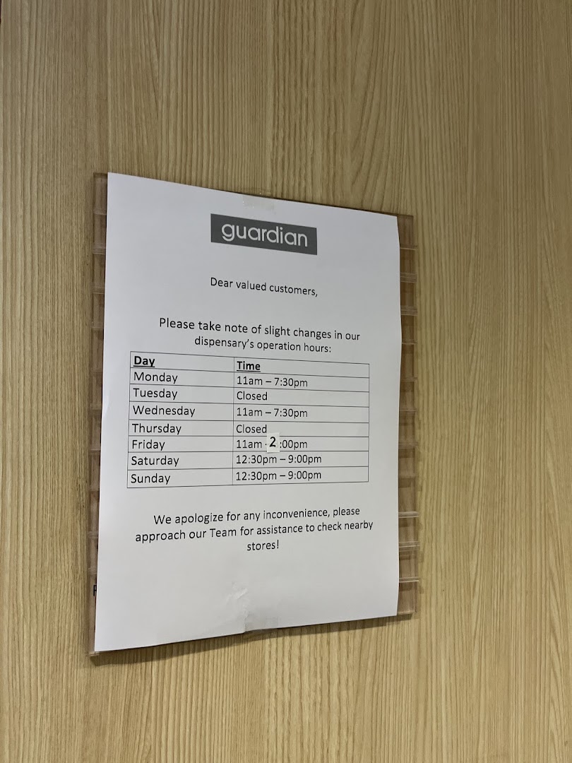 A notice from Guardian detailing changes to their dispensary operation hours.
