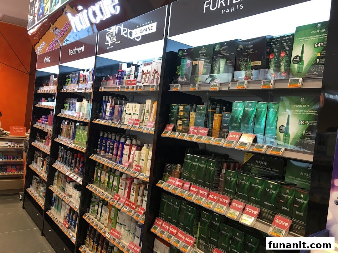 Shelves filled with a wide range of hair care and beauty products, including items from Furterer.