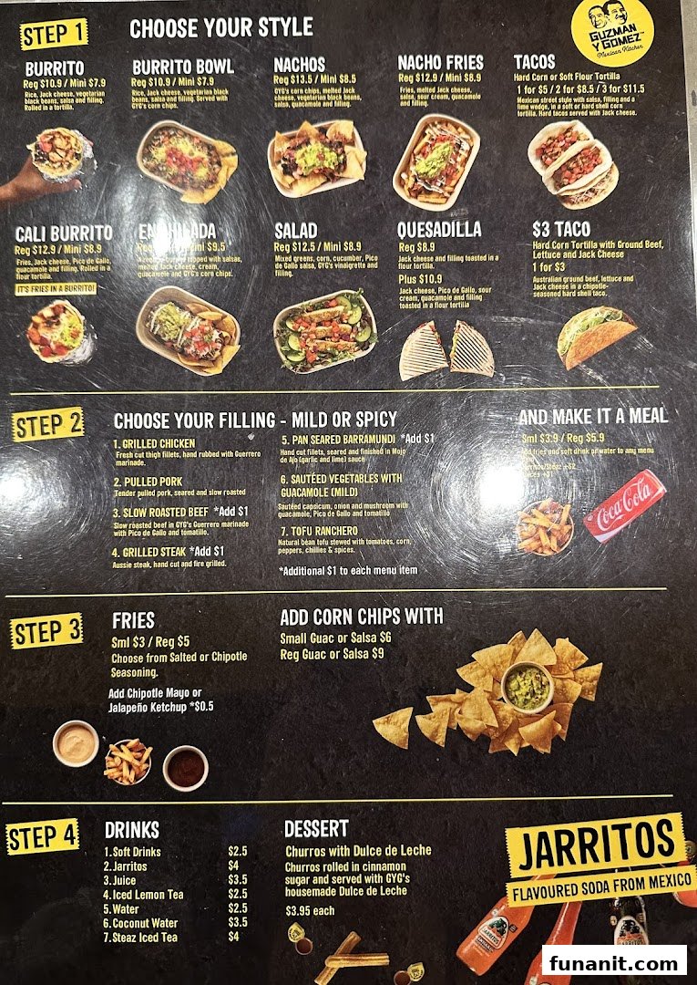 A comprehensive menu board for Guzman y Gomez, detailing various Mexican dishes, fillings, sides, and drinks.